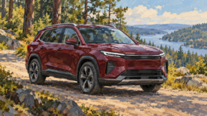Fiktiv vinrød familie-SUV ved en skovvej, malet illustration.
