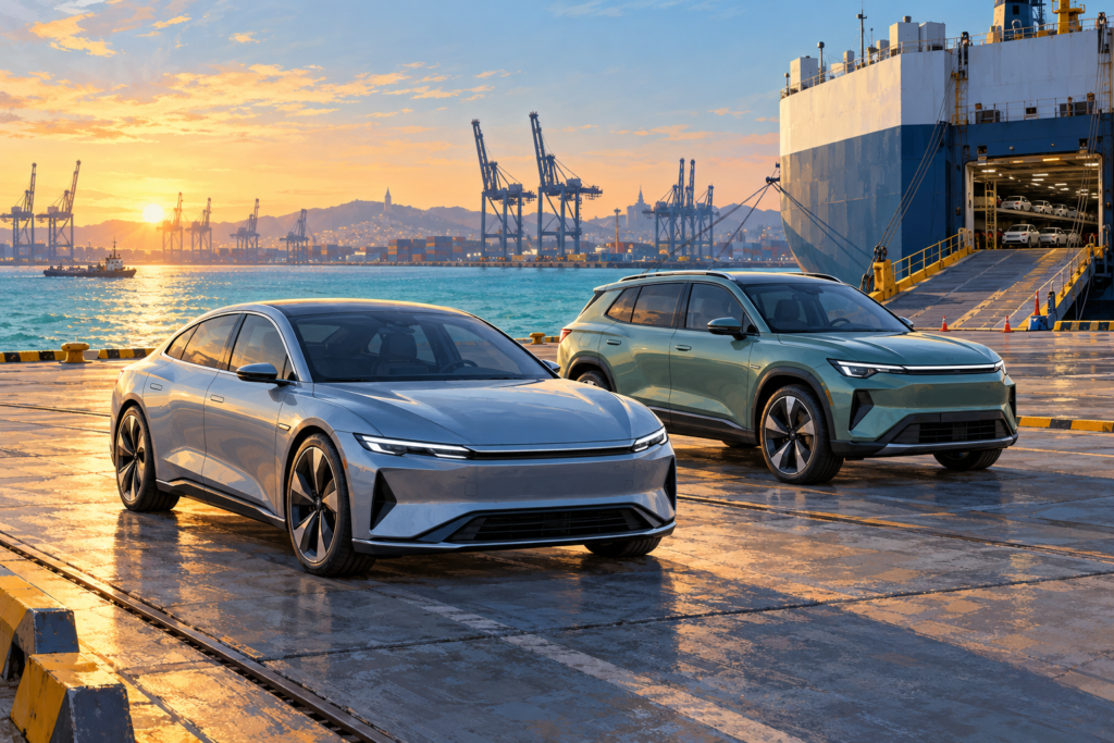 Original konceptillustration af en fiktiv elektrisk sedan og SUV ved en europæisk havn.