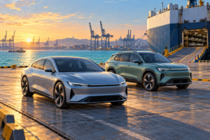 Original konceptillustration af en fiktiv elektrisk sedan og SUV ved en europæisk havn.