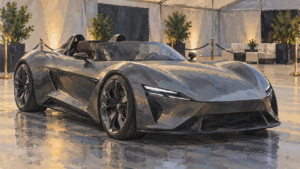 Fiktiv grafitgrå roadster i et afspærret testområde, malet illustration.