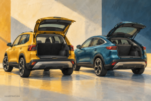 To fiktive kompakte SUV-karrosserier i en malet illustration.