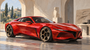 Fiktiv rød konceptcoupé i et designatelier, malet illustration.