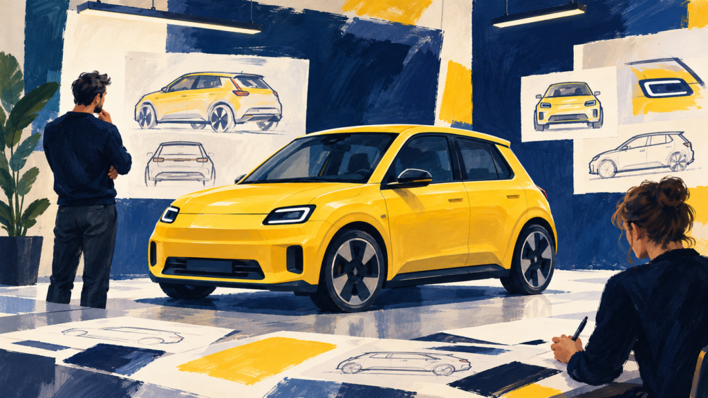 Fiktiv gul lille hatchback i et designstudie, malet illustration.