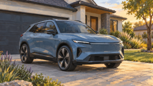 Fiktiv blå elektrisk SUV ved et amerikansk hus, malet illustration.