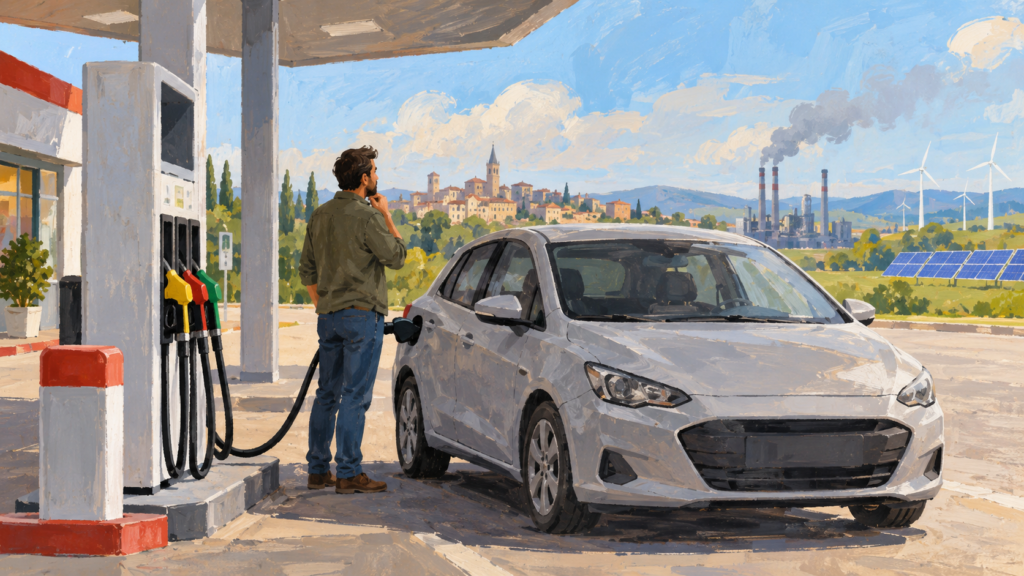 Fiktiv grå bil ved en neutral brændstofpumpe, malet illustration.