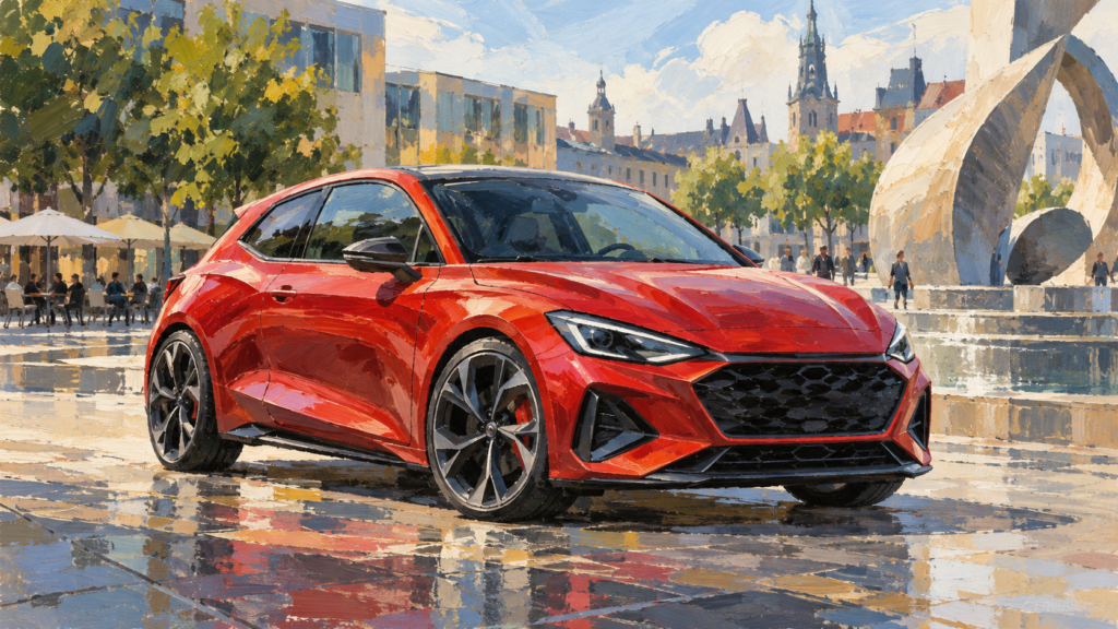 Fiktiv rød hatchback på en byplads, malet illustration.