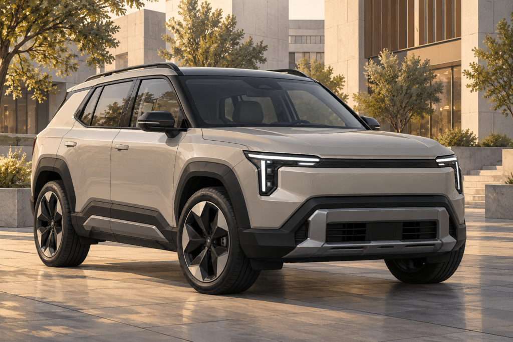 Fiktiv lys hybrid-SUV med kantet karrosseri ved en moderne byplads.