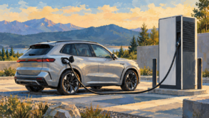 Fiktiv sølvfarvet el-SUV ved en ladestander, malet illustration.