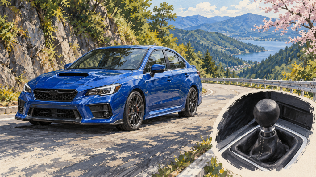 Fiktiv blå sportssedan og gearknop, malet illustration.