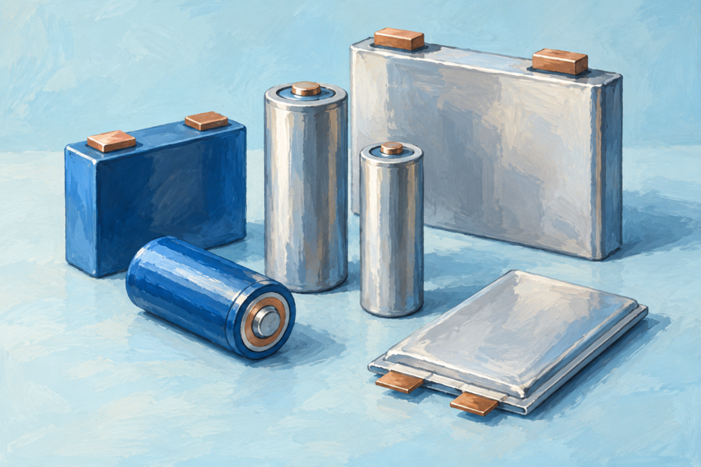 Generiske battericeller i blå og lyse farver, malet illustration.