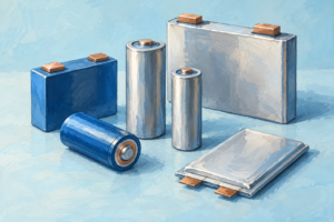Generiske battericeller i blå og lyse farver, malet illustration.
